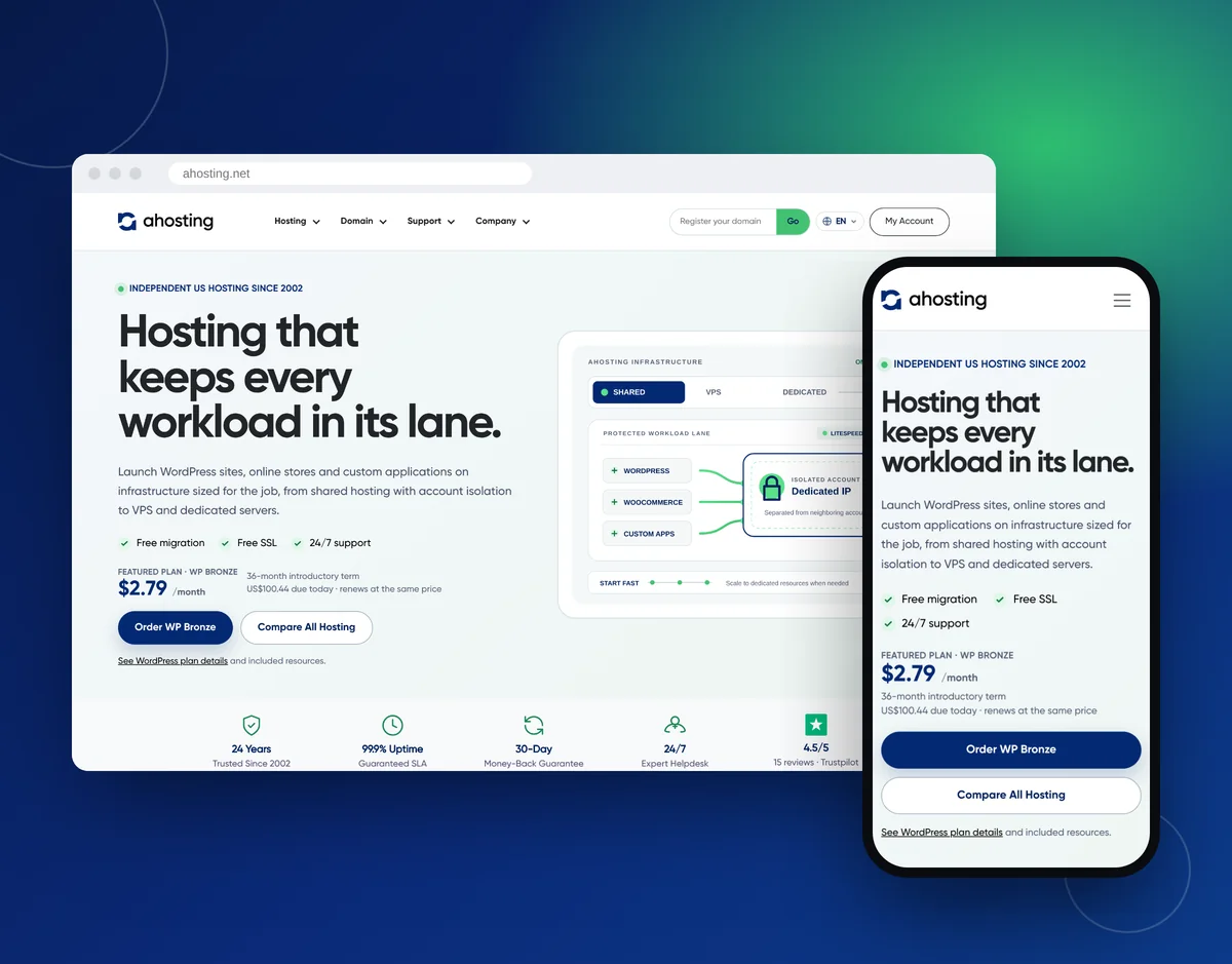AHosting website on desktop and mobile