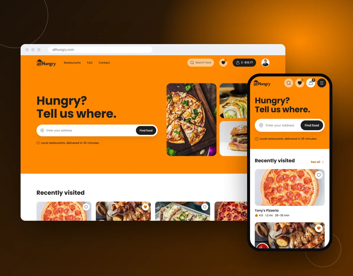 allHungry food ordering website on desktop and mobile
