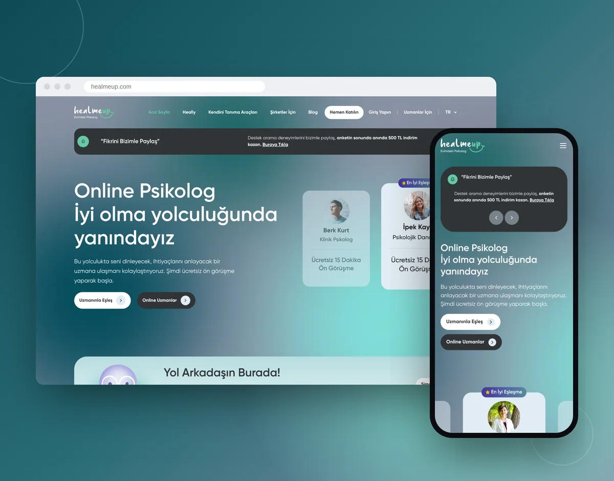 HealMeUp online therapy website on desktop and mobile